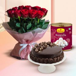 Fantastic Gift of Red Roses, Haldiram Rasgulla And Eggless Cake