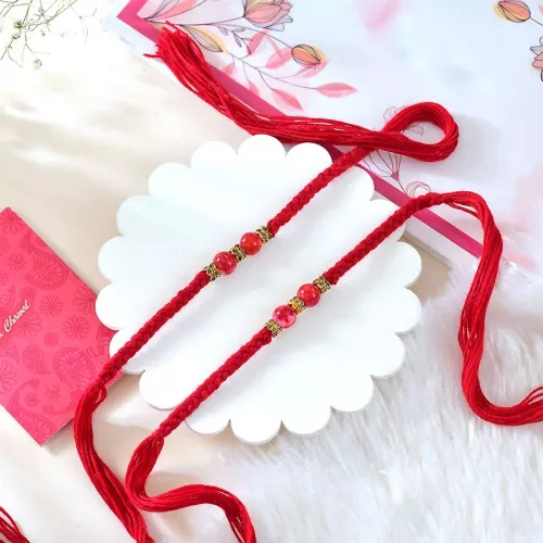 Elegant Red Beaded Rakhi Gift Pair