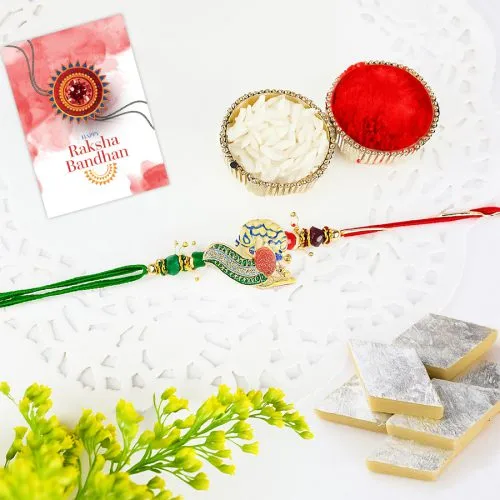 Exotic Peacock Rakhi & Kaju Katli Treats