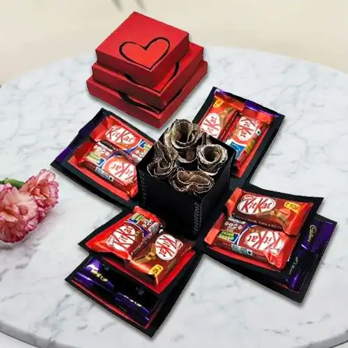 Marvelous Triple Layer Explosion Box of Chocolates N Roses