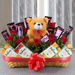 Remarkable Basket of Chocolates, Fruit Juice N Teddy