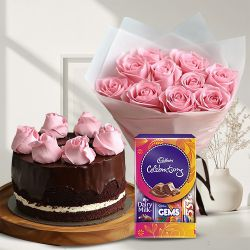 Send Roses Bouquet with Chocolate Cake N Celebrations Pack