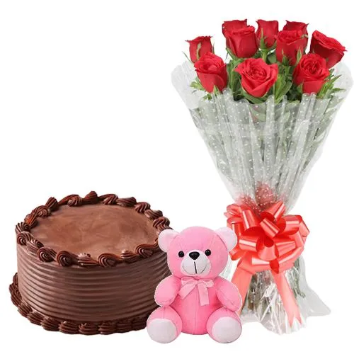 Marvelous Red Rose Bouquet with Black Forest Cake N Teddy to Varanasi, India