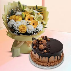 Online Chocolate Truffle Cake N Flowers Bouquet