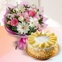Order Pineapple Cake N Mixed Flowers Bouquet