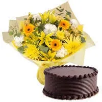 Send Eggless Chocolate Cake N Mixed Flowers Bouquet