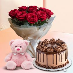 Online Eggless Chocolate Cake with Red Roses N Teddy