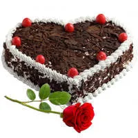 Online Heart-Shape Black Forest Cake with Red Rose