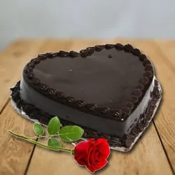 Online Heart-Shaped Chocolate Cake with Single Rose
