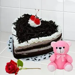 Online Heart-Shaped Black Forest Cake with Rose N Teddy