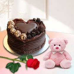 Send Chocolate Cake in Heart Shape with Teddy N Rose