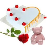Gift Heart Shaped Vanilla Cake with Rose N Teddy