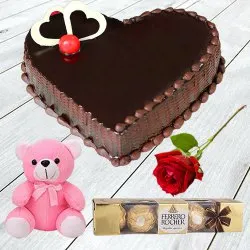 Online Chocolate Cake with Single Rose, Teddy N Ferrero Rocher