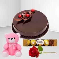 Online Eggless Chocolate Cake with Rose, Teddy N Ferrero Rocher