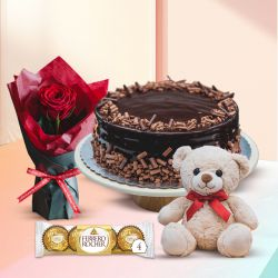 Online Eggless Chocolate Cake with Rose, Teddy N Ferrero Rocher