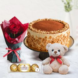 Deliver Eggless Butter Scotch Cake with Rose, Teddy N Ferrero Rocher