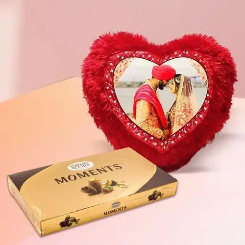 Personalized Heart Shape Cushion N Ferrero Rocher Chocolates for Karwa Chauth