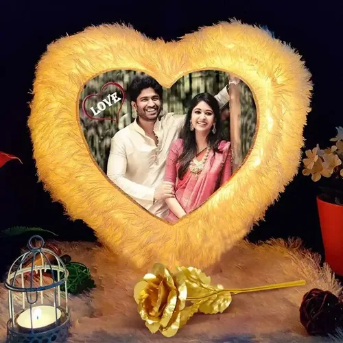 Karwa Chauth Combo of Personalized Heart Shape LED Cushion N Golden Rose