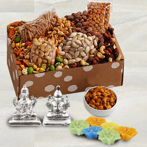 Unique Gift Box of Dried Fruits n Gourmet, Silver Plated Ganesh Lakshmi Idol  N  Wax Diya