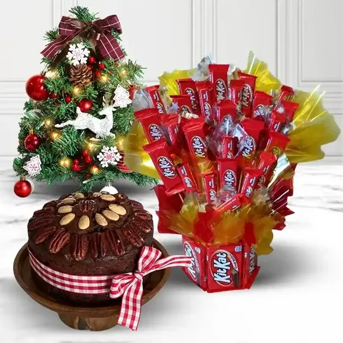 Exquisite Kitkat Bouquet with X-Mas Tree n Fruit Cake