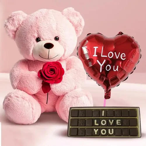 Appealing Valentine Gift of Teddy with Rose n I Love You Chocolate