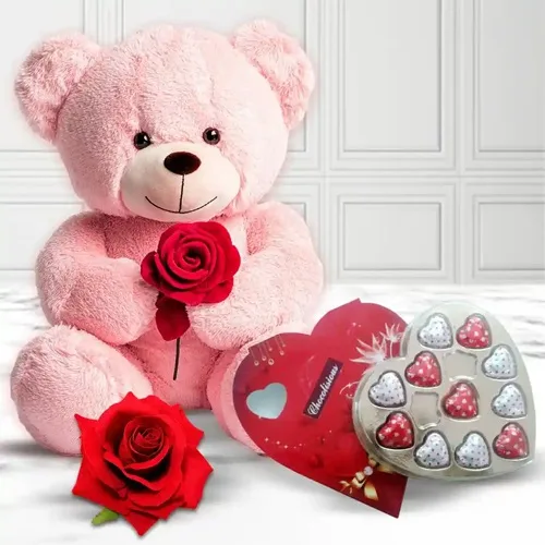 Charismatic Teddy Day Gift of Heart Teddy with Heart Shape Chocolate n Rose