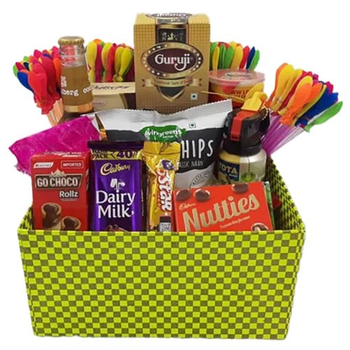 Ravishing Holi Gift Box of Guruji Thandai, Pringle Chips n Goodies