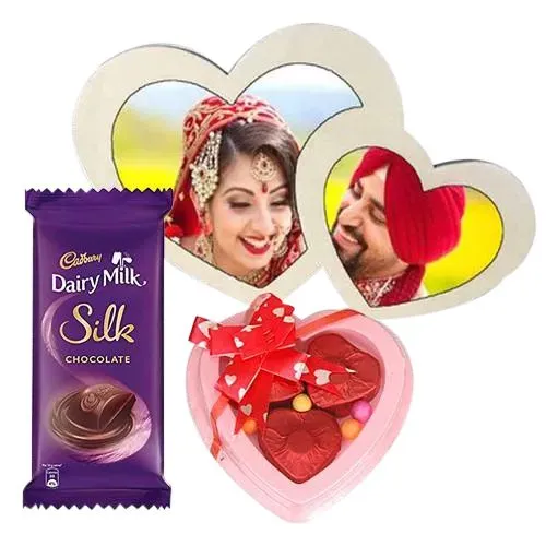 Lovely Personalized Double Heart MD Frame n Chocolates Combo