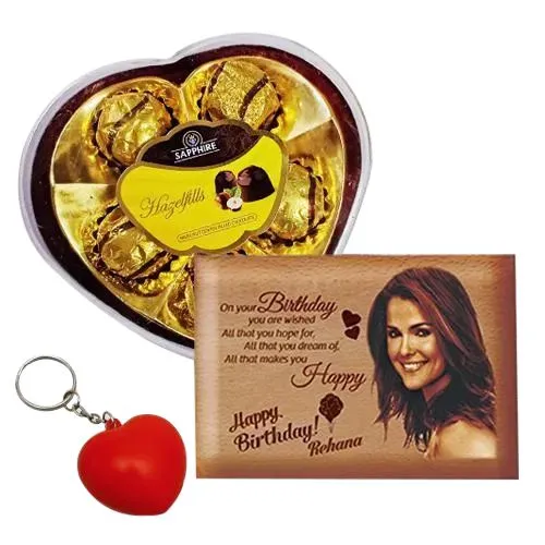 Alluring Personalized Love Frame, Heart Key Ring n Sapphire Chocolates