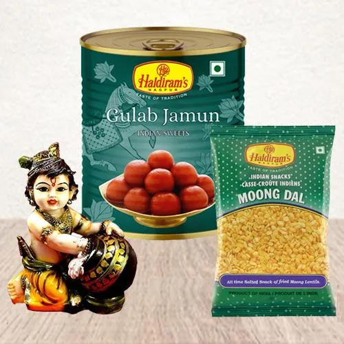 Pious Lord Krishna Makhan Chor Idol with Haldiram Snacks n Sweets