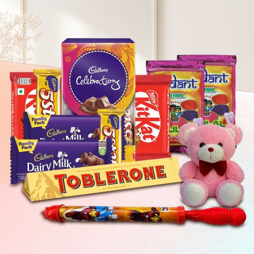 Splendid Cadbury Chocolates N Teddy with Holi Accessories