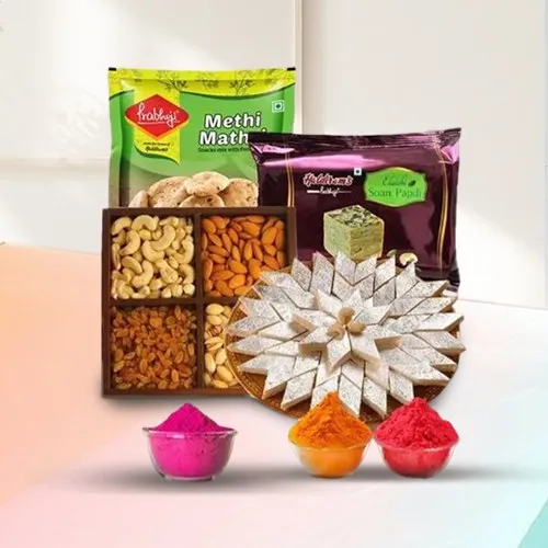 Delectable Haldiram Delights N Dry Fruits Hamper with Herbal Gulal