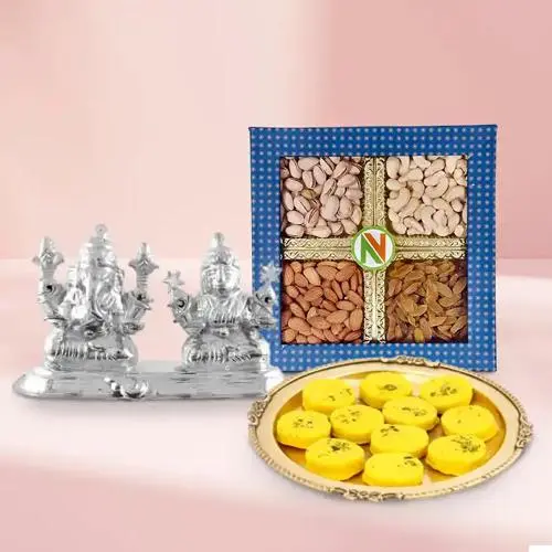 Ganesh Lakshmi Idol with Dry Fruits N Haldirams Kesaria Peda