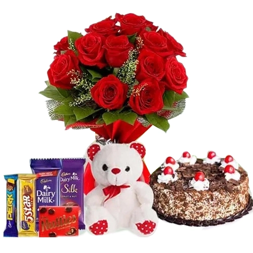 Teddy with Black Forest Cake Mixed Chocos N Dutch Roses