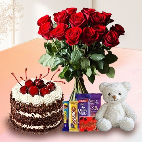 Teddy with Black Forest Cake Mixed Chocos N Dutch Roses