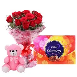 Online Gift of Red Rose Bouquet with Teddy and Cadbury Chocolates