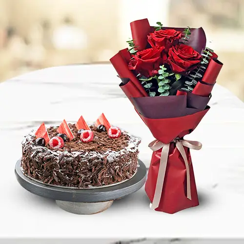 Red Rose Bouquet with Black Forest Cake