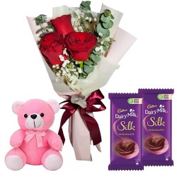 Ideal Small Teddy, Roses and Dairy Milk Silk Chocolate Bars Ideal Small Teddy, Roses and Dairy Milk Silk Chocolate Bars