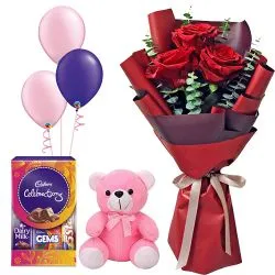 Online Gift Hamper of Fresh Roses, Chocolates, Teddy n Balloons