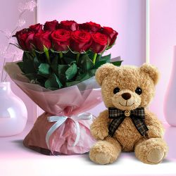 Teddy with Red Rose Bouquet