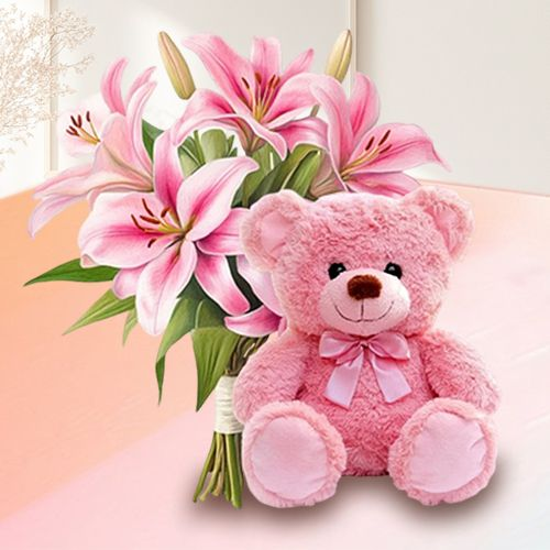 Pink Lilies Bouquet with Teddy for V-Day