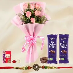 2 pcs Dairy Milk 6 Pink Rose Bunch with Designer Rakhi