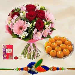 Lovely Flowers Bouquet with Boondi Ladoo N  Rakhi