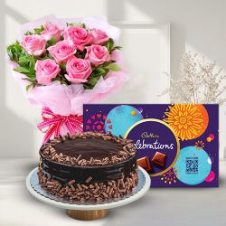 Deliver Cake, Pink Rose Bouquet and Cadbury Celebrations