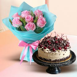 Deliver Cake with Pink Roses Bouquet