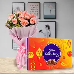 Online Pink Rose Bouquet with Cadbury Celebrations Pack