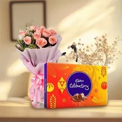 Online Pink Rose Bouquet with Cadbury Celebrations Pack