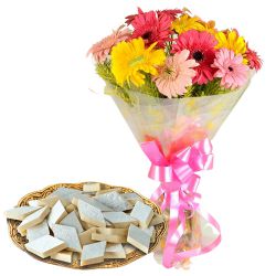 Enjoyable Kaju Katli and Perfect Arrangement of Mixed Gerberas for Birth-Day Enjoyable Kaju Katli and Perfect Arrangement of Mixed Gerberas for Birth-Day