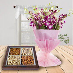 Energetic Birthday Special Dry Fruits with Designed Orchids Bouquet Energetic Birthday Special Dry Fruits with Designed Orchids Bouquet