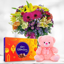 Happy Birthday Charming Trio Pack of Mixed Flowers, Cadbury Celebration and Small Teddy Happy Birthday Charming Trio Pack of Mixed Flowers, Cadbury Celebration and Small Teddy